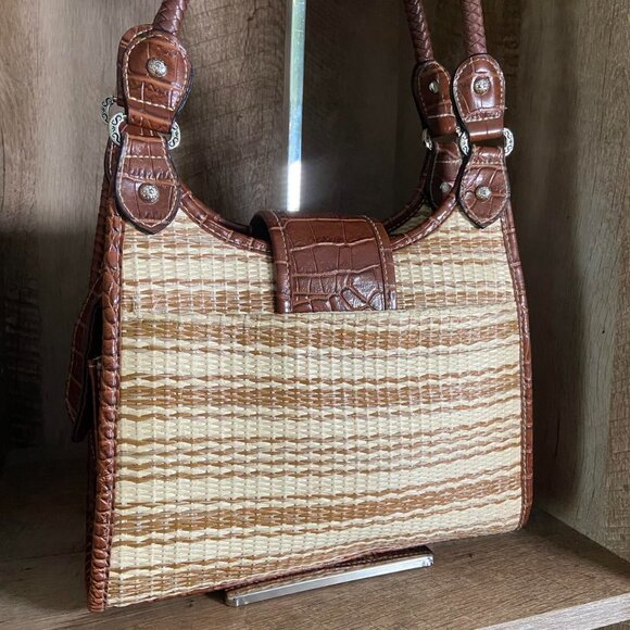 90s Vintage Hobo Shoulder Bag Purse Brown Woven Croc Embossed Western Boho - Picture 5 of 8